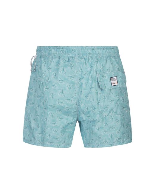 Fedeli Blue Swim Shorts With Lobster Pattern for men