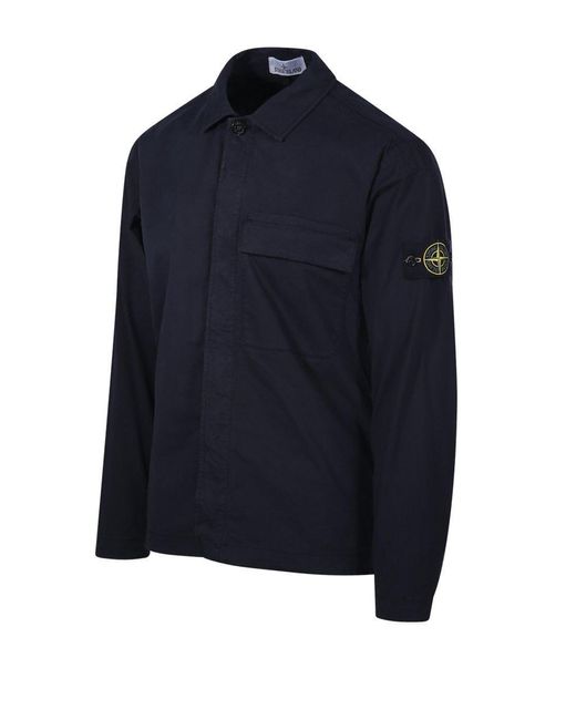 Stone Island Blue Logo Patch Collared Shirt Jacket for men