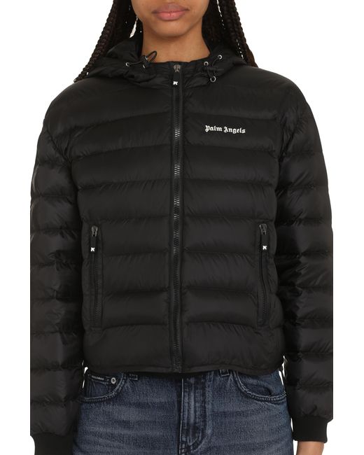 Palm Angels Black Hooded Full-Zip Down Jacket Elastane Puffer