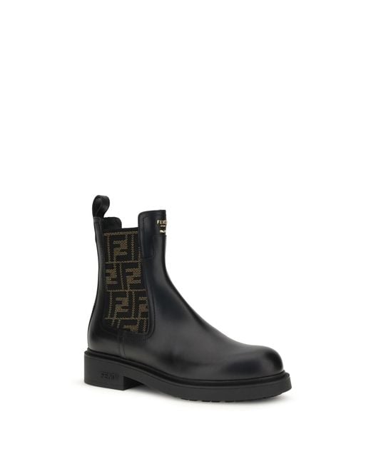 Fendi Black Ff Leather And Fabric Ankle Boots Calf Bos Taurus