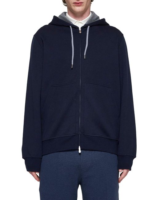 Brunello Cucinelli Blue Cotton-Blend Zip-Up Hoodie for men