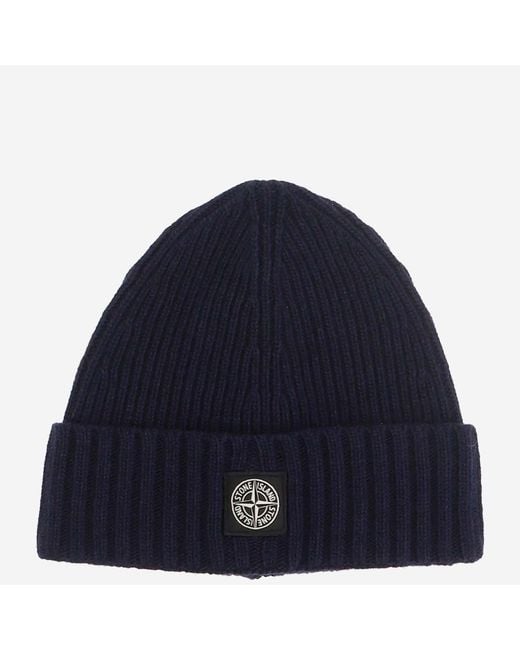 Stone Island Blue Wool-Blend Logo Beanie Hat for men