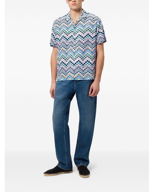 Missoni Blue Viscose Bowling Shirt With Irregular Greek-Key Zigzag Pattern for men