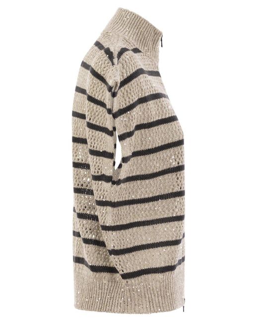 Brunello Cucinelli Gray Dazzling Striped Net Linen Cardigan