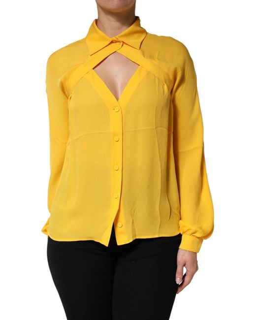 Moschino Couture Yellow Silk Collared Long Sleeves Top