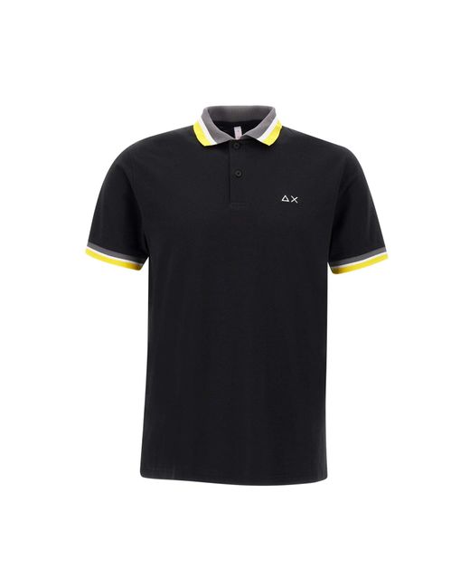 Sun 68 Black Collar Multistripes Cotton Polo Shirt for men
