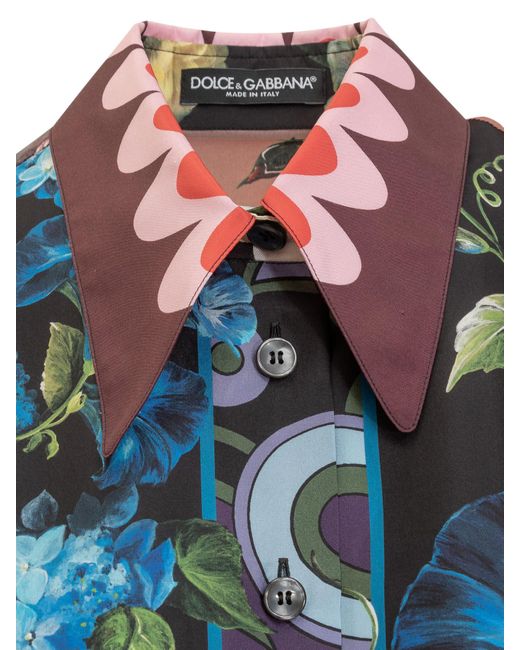 Dolce & Gabbana Blue Habotai Silk Flower Print Over Shirt