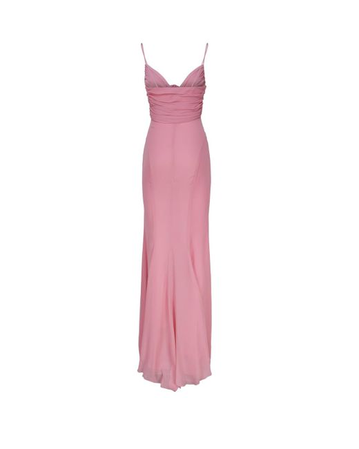 Blumarine Pink Long Silk Dress With Draping And Decorative Rose