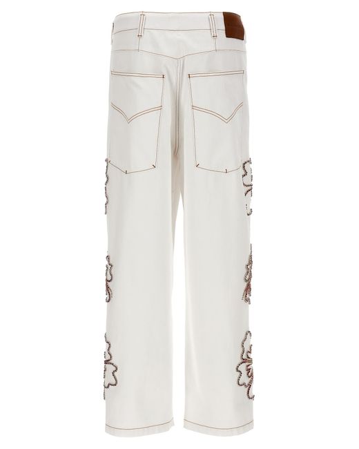 Bluemarble White Embroidered Hibiscus Jeans for men