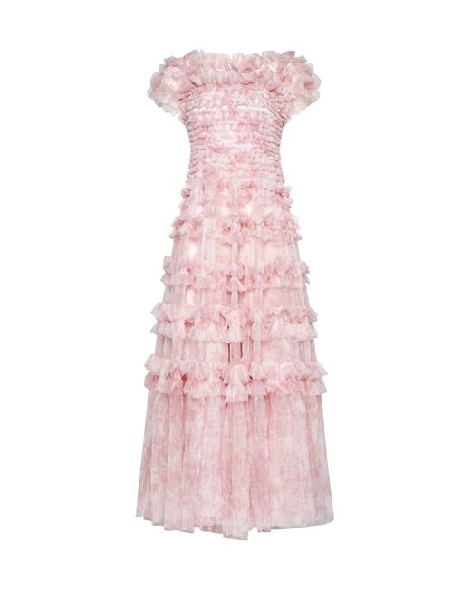 Needle & Thread Pink Fleur De Lis Floral Print Off-shoulder Gown