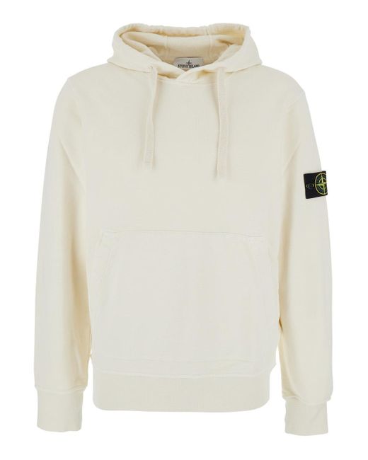 Stone Island White Hoodie With Fixed Hood And Logo Patch On The Sleeve for men