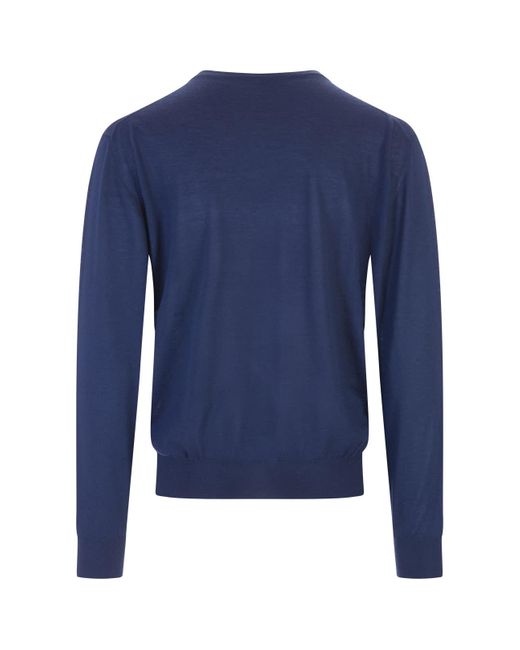 Fedeli Blue Cashmere Pullover With V-Neck for men