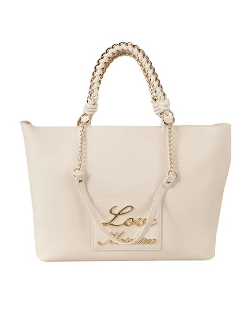 Love Moschino Natural Signature Logo Detail Chain Embellished Tote
