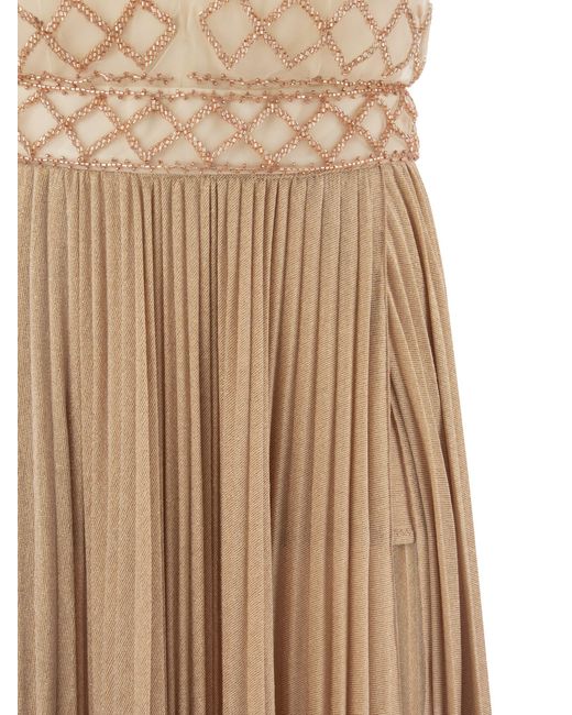 Elisabetta Franchi Natural Red Carpet Dress With Rhombus Embroidery