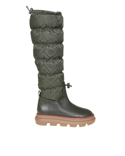 Tory Burch Green Padded Boots In Leather And Nylon In Leccio Color