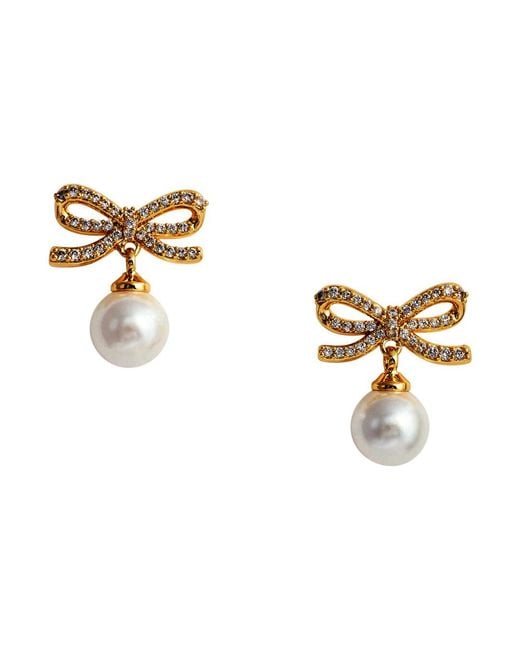 Self-Portrait Metallic Earrings With Bow And Pearl, -Coloured