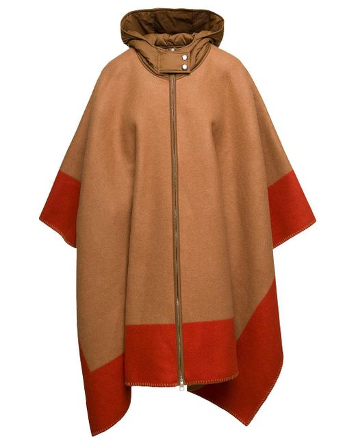 Etro Beige And Orange Hooded Cape With Zip Closure In Wool Blend