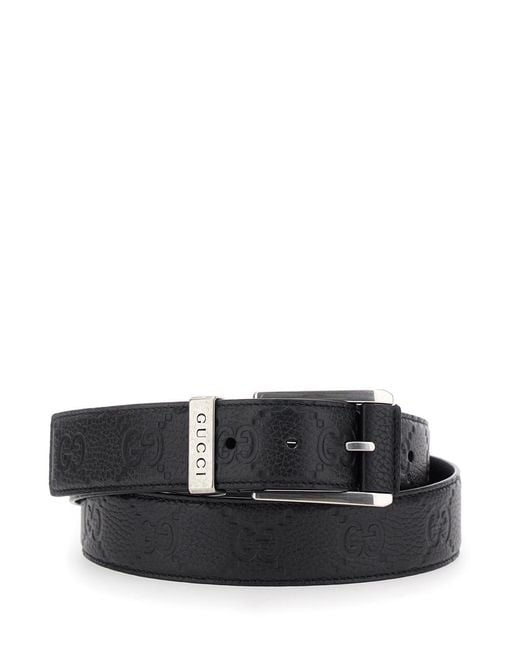 Gucci Black Grained Leather Belt With Square Buckle Calf for men