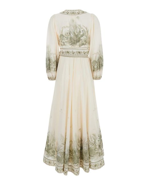 Zimmermann White Wanderlust Long Dress With V-Neck And All-Over Floral Print