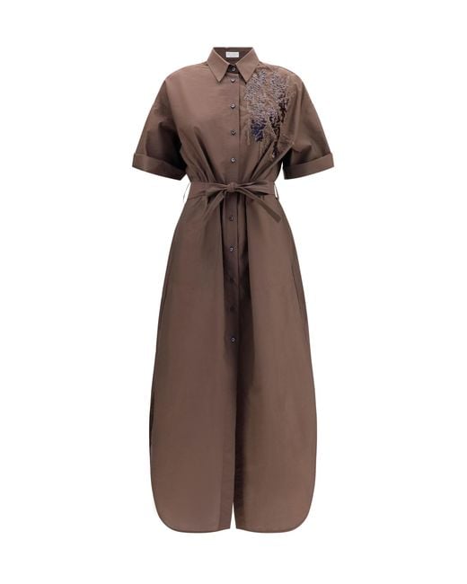 Brunello Cucinelli Brown Sequined Shirt Dress With Belt Cotton; Polyamide