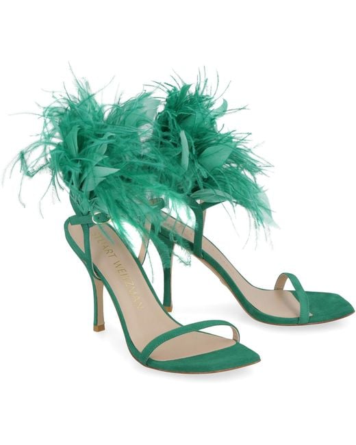 Stuart Weitzman Green Plume Suede Sandals Leather