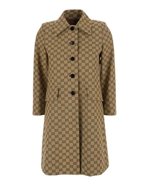 Gucci Natural Coat Gg Canvas With Pointed Collar