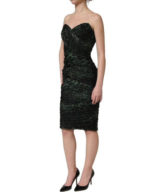 Dolce & Gabbana Black Green Leopard Print Bustier Draped Midi Dress