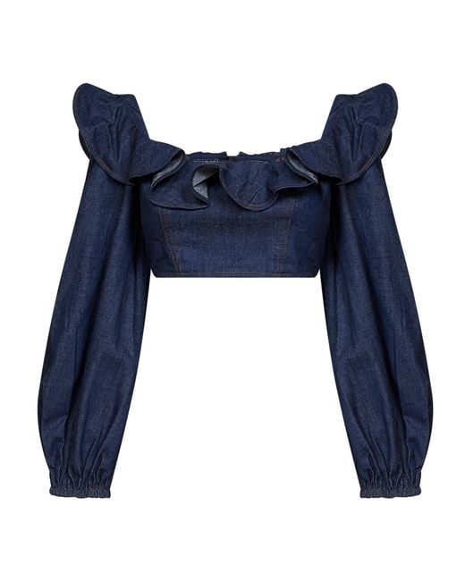 Zimmermann Blue Ink Denim Aster Cropped Frill Top