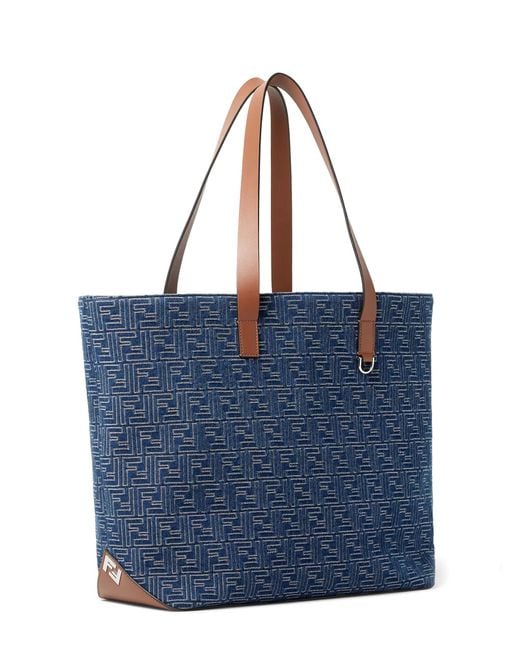 Fendi Blue Ff Jacquard Tote Bag With Denim Effect for men