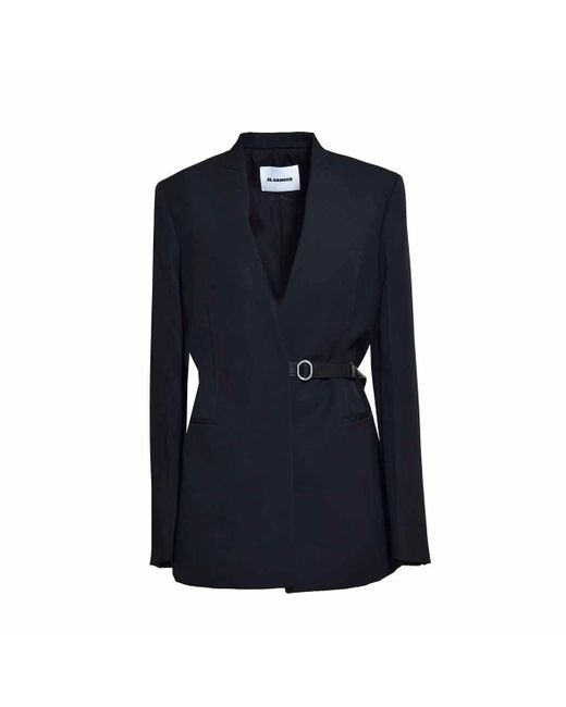 Jil Sander Blue Black Tailored Jacket With Asymmetrical Closure