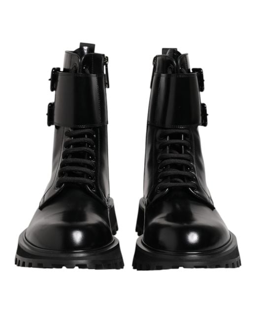 Dolce & Gabbana Black Leather Lace Up Mid Calf Boots Shoes for men