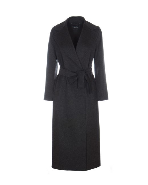 Max Mara Poldo Belted Long Coat in Black | Lyst UK