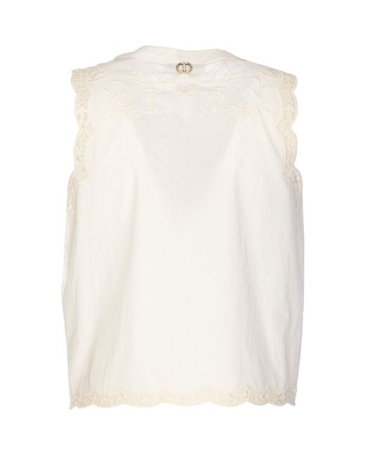 Twin Set White Sleeveless Top With Flowers Embroidery
