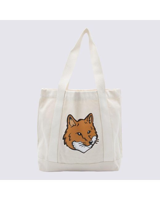 Maison Kitsuné White Ecru Cotton Fox Head Tote Bag
