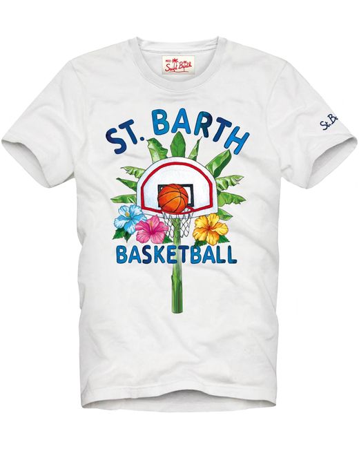 Mc2 Saint Barth White Cotton T-Shirt With St. Barth Basketball Print for men