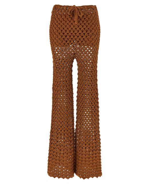 Ermanno Scervino Brown Fan-Stitch Crochet Pants With Flared Leg Design