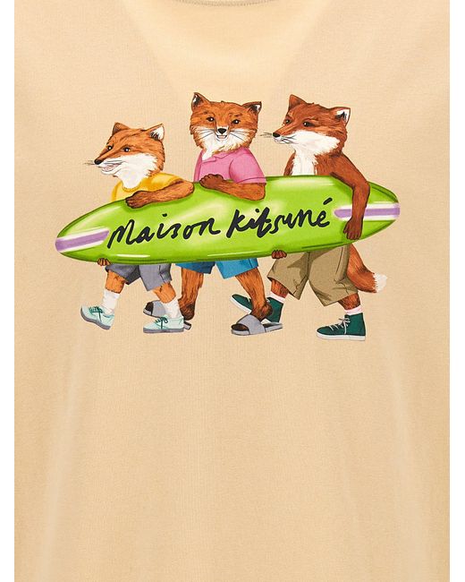 Maison Kitsuné Surfing Foxes T-shirt in Natural for Men | Lyst