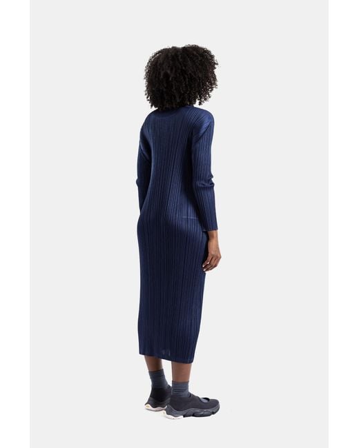 Pleats Please Issey Miyake Blue Pleated Long-Sleeved Midi Dress