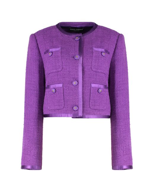 Dolce & Gabbana Purple Tweed Jacket With Front Pockets Cotton Blazers