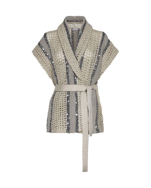 Brunello Cucinelli Natural Dazzling Stripe Cardigan With Belt