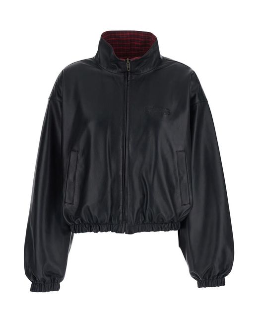 Balenciaga Black Leather Jacket High Collar Lamb Coat