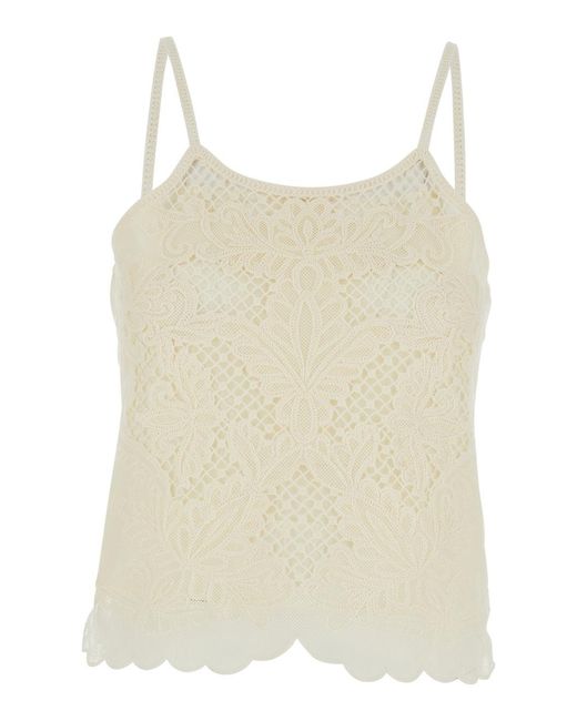 Twinset Natural Round Neck Top With Lace Design