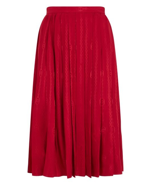 Gucci Red Pleated Silk Twill Skirt