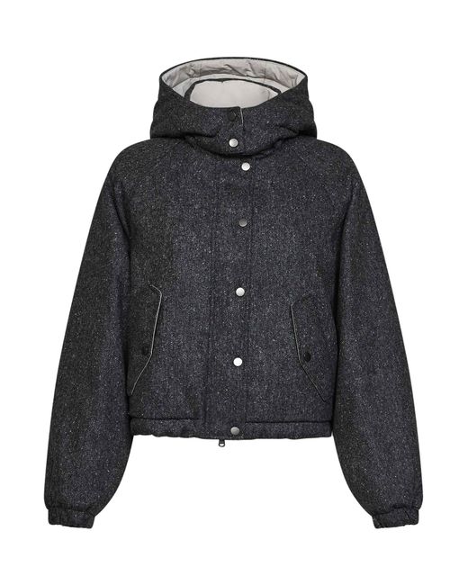 Brunello Cucinelli Black Donegal Hooded Down Jacket With Shiny Zipper Pull