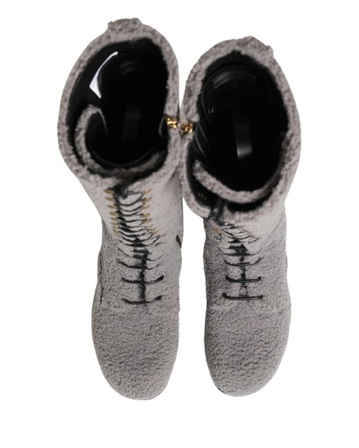 Dolce & Gabbana Gray Shearling Lace Up Knee High Boots Shoes Riccio for men