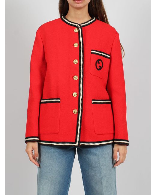 Gucci Red Round Interlocking G Tweed Jacket