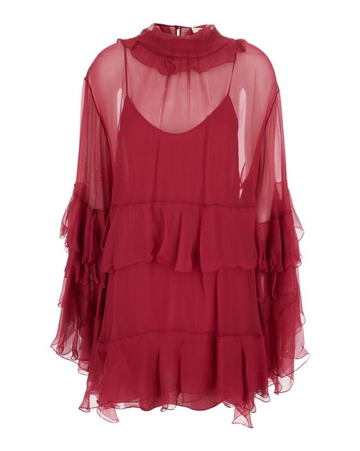 Chloé Red Chloã Fuchsia Crewneck Mini Dress With Ruches And Rear Button Closure