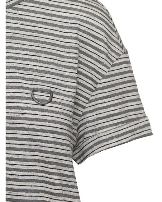 Brunello Cucinelli Gray Striped Short-sleeve T-shirt In Grey Linen Blend Woman