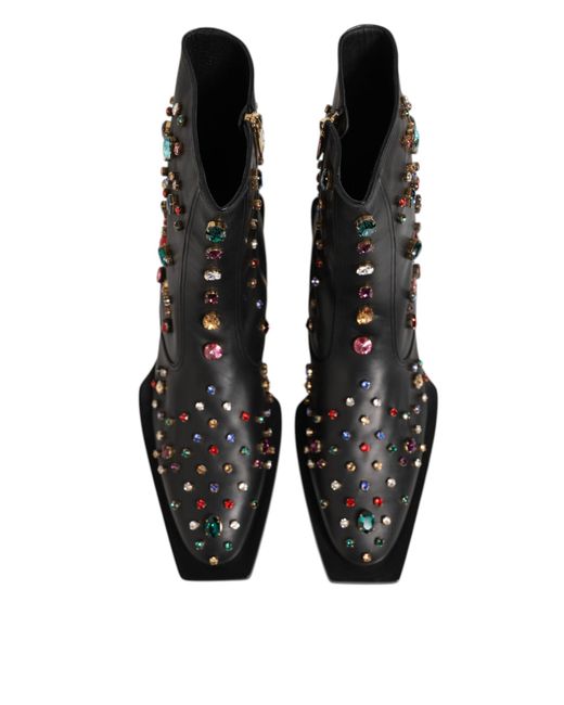 Dolce & Gabbana Gem Embellished Leather Ankle Boots in Black  display picture 1