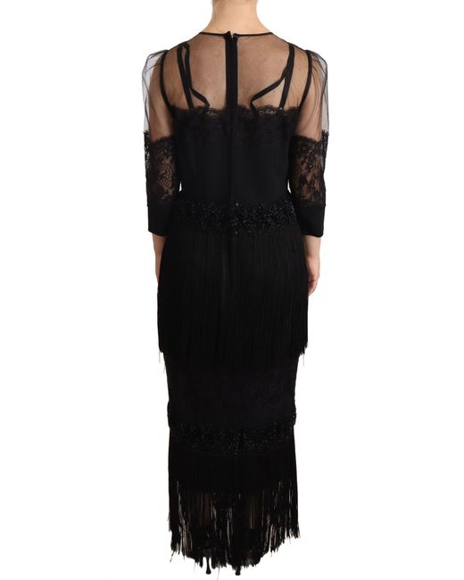 Dolce & Gabbana Black Midi Dress 34 Sleeves Lace Fringe